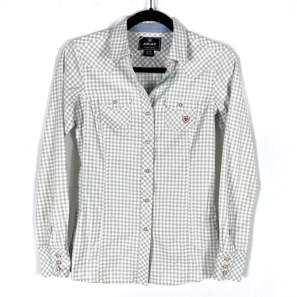 Ariat Gingham Shirt Gray Collared Button Front Flap Pockets Long Sleeve Sz XS